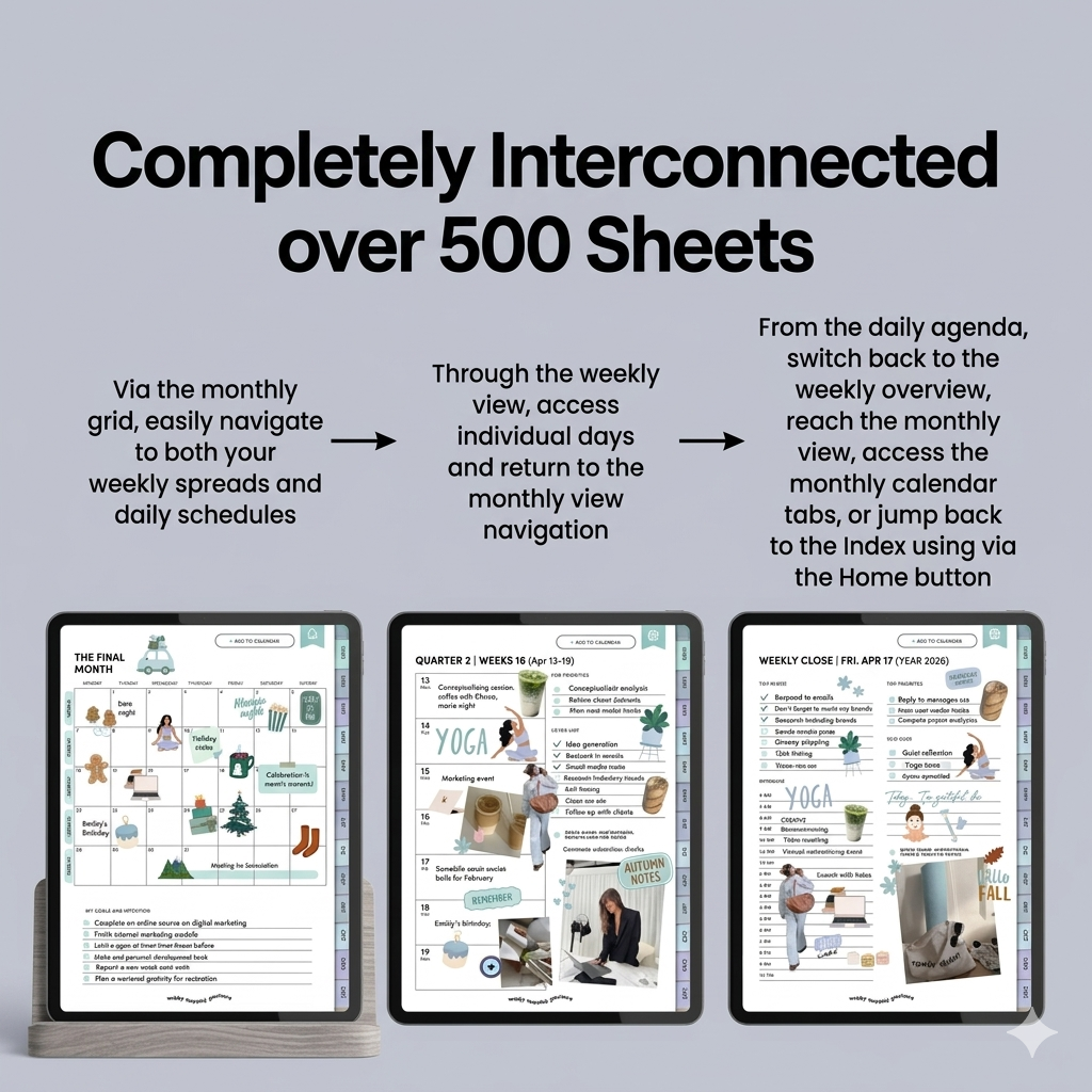 2026 Hyperlinked Digital Planner – 530 Pages | Daily, Weekly & Monthly Layouts | GoodNotes & iPad Planner with Calendar Sync | Monday & Sunday Start - Image 7